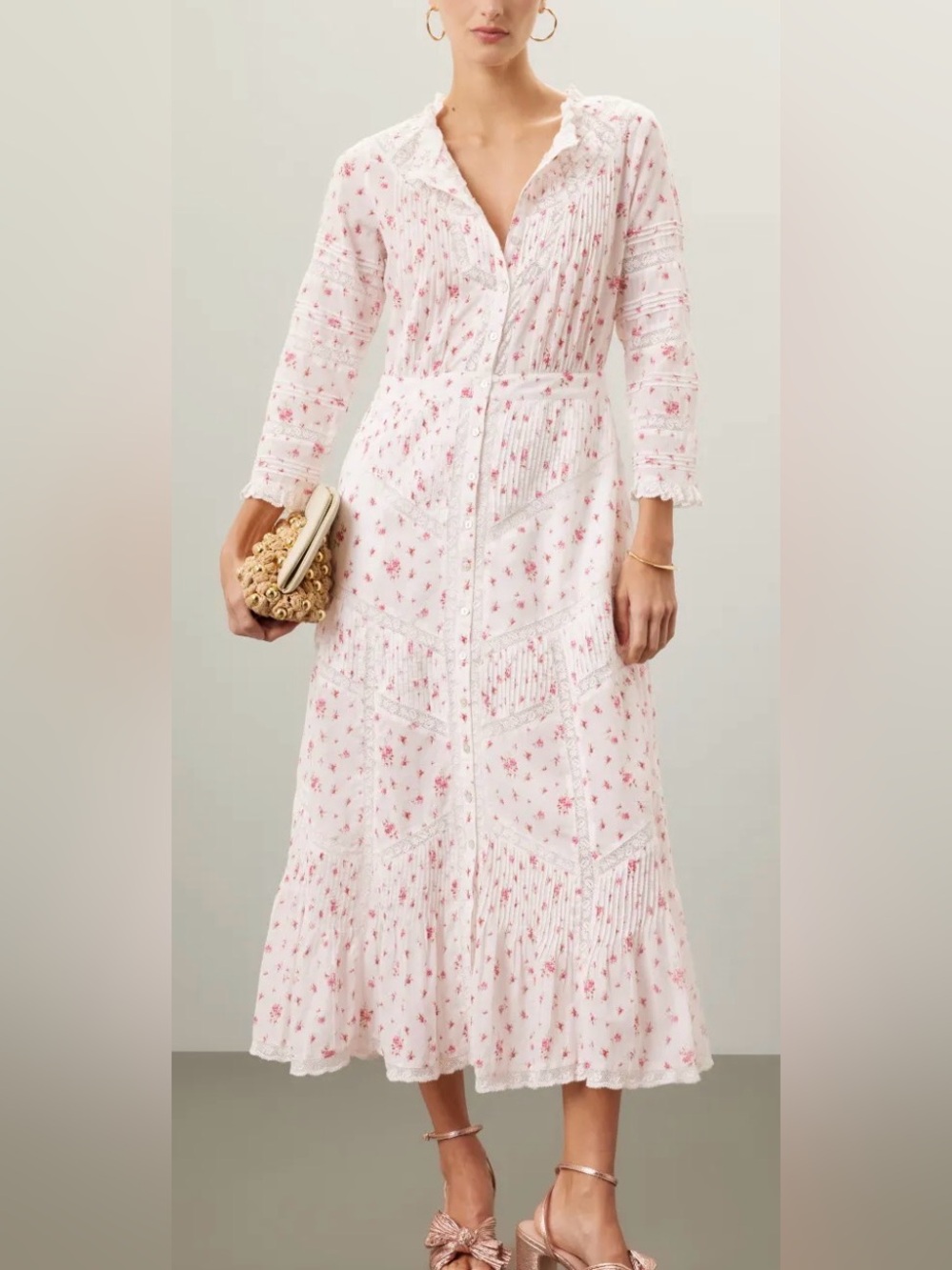 LoveShackFancy Tansu White Floral Pintuck Midi Dress with Pink Accents